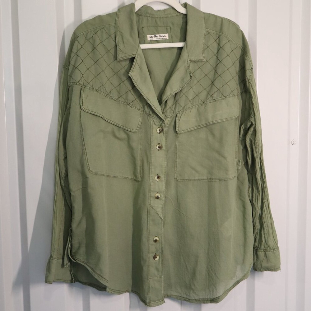 We the Free Womens Silver Lining Quilted Button Up Shirt Olive Green Size Lg
